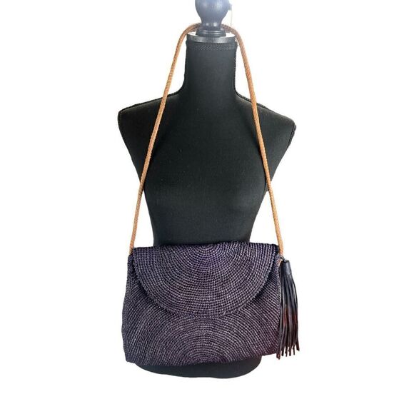 Mar Y Sol Leah Shoulder Bag Purse Raffia purple Tassel Braided Strap beach - Picture 1 of 5